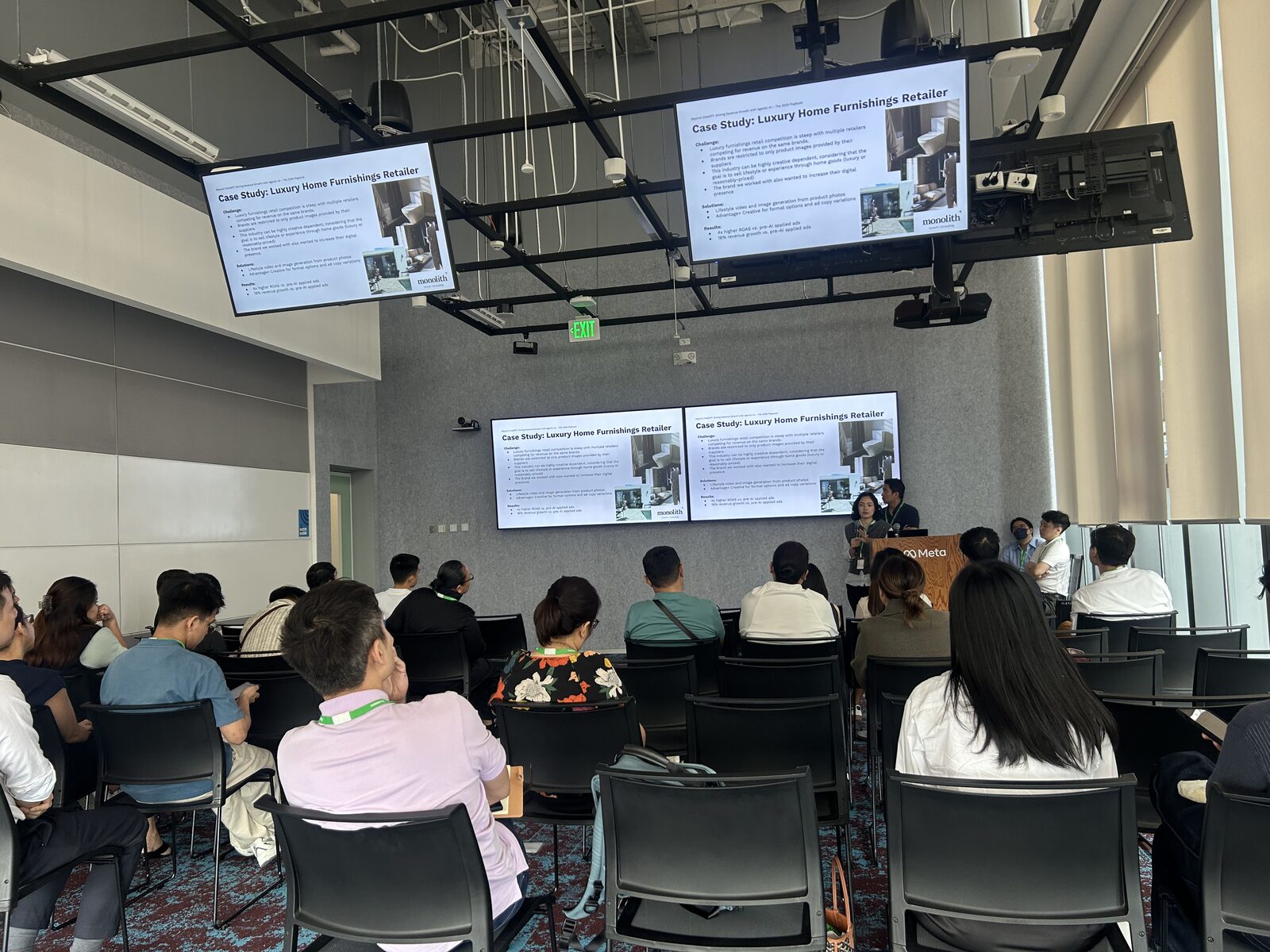 The workshop room at the Meta office during the case-study presentation